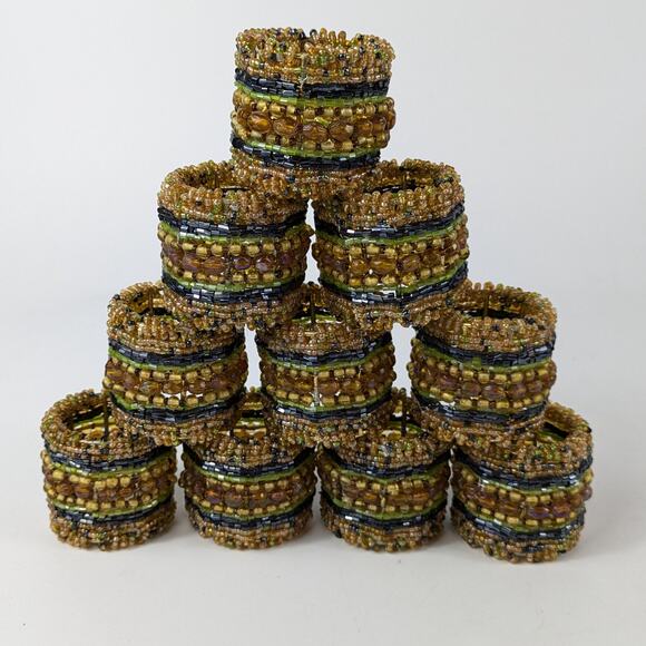 Pier One Napkin Rings Set 10 Glass Bead Brown Green Gold 1.75" Barrel Fall Boho - Picture 1 of 7